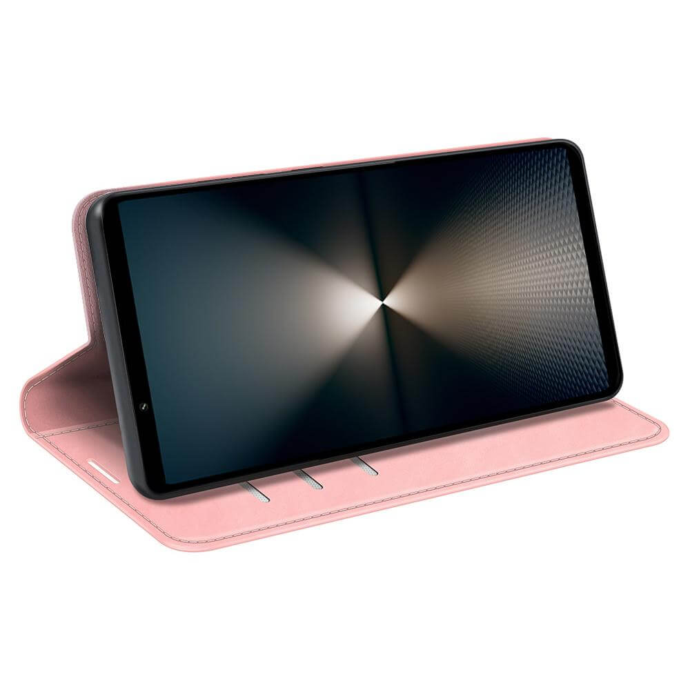 Das Sony Xperia 1 VII in der rosafarbenen Stand Flip Case Hülle von Cover-Discount wird im Querformat mit ausgeschaltetem Bildschirm gezeigt.