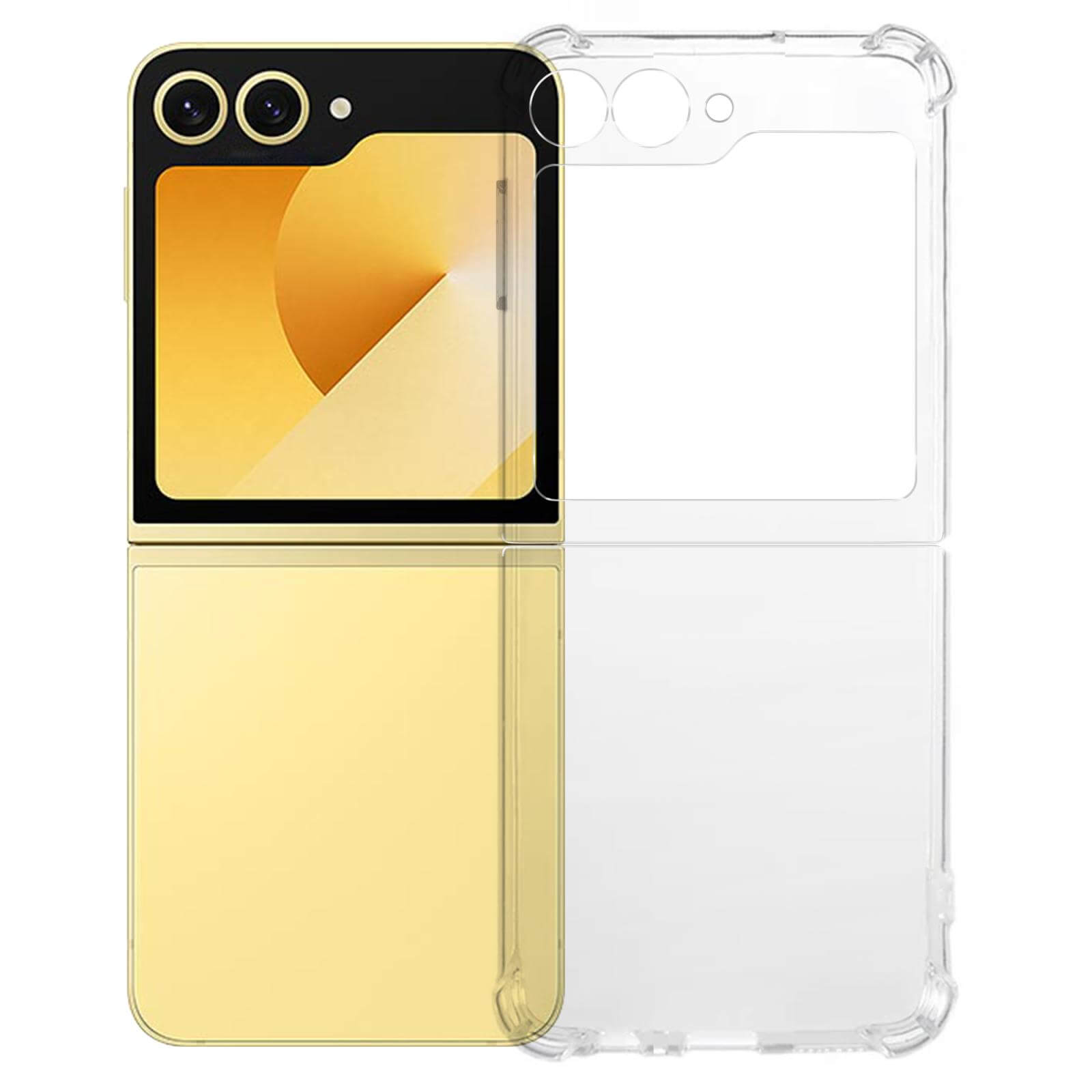 Die transparente Cover-Discount Galaxy Z Flip7 Silikon Gummi Case mit Antifingerprint-Schutz ist auf einem goldenen Flip Phone mit großem rechteckigem Außendisplay zu sehen.