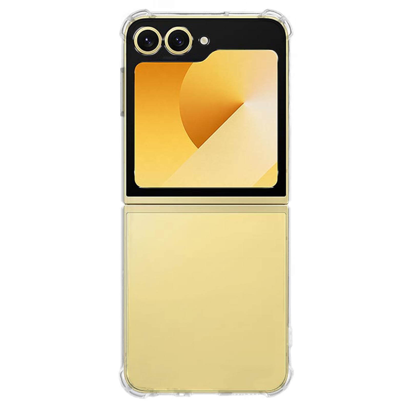 Ein goldenes, faltbares Smartphone mit Dual-Kameras und einem kleinen externen Bildschirm mit gelbem Hintergrund wird durch das transparente Galaxy Z Flip7 Silikon Gummi Case von Cover-Discount für zusätzlichen Schutz vor Fingerabdrücken geschützt.