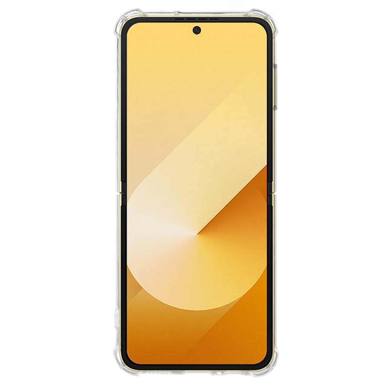 Das Galaxy Z Flip7 mit gelbem Farbverlaufshintergrund zeigt sich von vorne in einem transparenten Silikon Gummi Case von Cover-Discount, das einen effektiven Schutz vor Fingerabdrücken bietet.