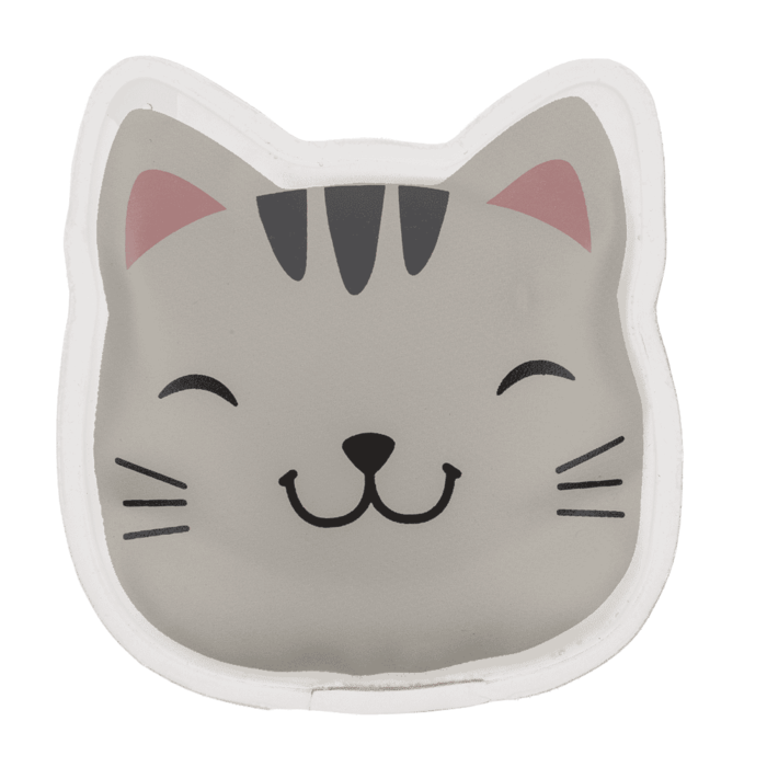 Cartoonzeichnung eines lächelnden grauen Katzengesichts mit schwarzen Streifen und rosa Ohren ziert das 2er Set Handwärmer Kätzchen von Out of the blue - ein tolles Geschenk für Katzenliebhaber.