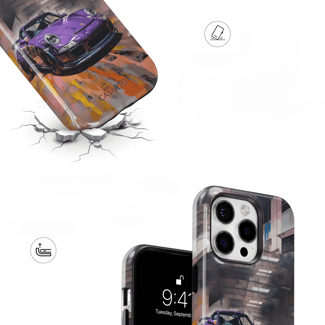 Die Cover-Discount iPhone 17 Pro Casarto Handyhülle Pure Power ist eine limitierte Auflage mit einem lilafarbenen Sportwagendesign und Akzenten mit Crack-Effekt für herausragende Haltbarkeit und Stil.