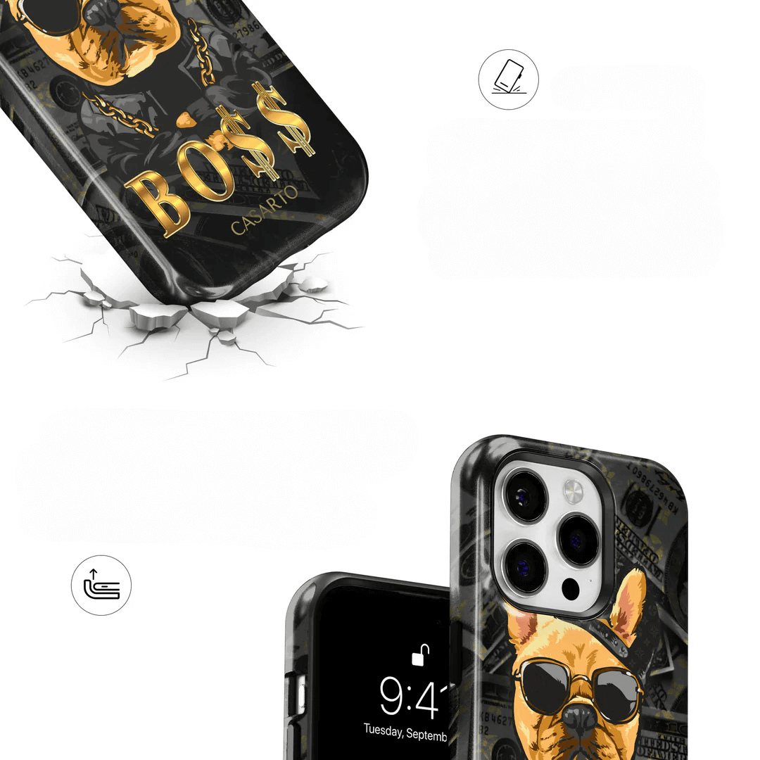 Die Galaxy S25 - Casarto Handyhülle Boss von Cover-Discount zeigt einen coolen Hund mit Sonnenbrille, den Text BOSS und Dollarzeichen auf einer rissigen Oberfläche. MagSafe kompatibel für einfaches Laden.