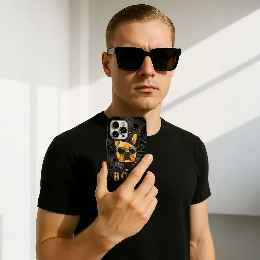 Ein Mann mit Sonnenbrille hält sein Galaxy S25 - Casarto Handyhülle Boss von Cover-Discount mit MagSafe-Kompatibilität und einer Hundegrafik in der Hand, während er unter heller Innenbeleuchtung steht.