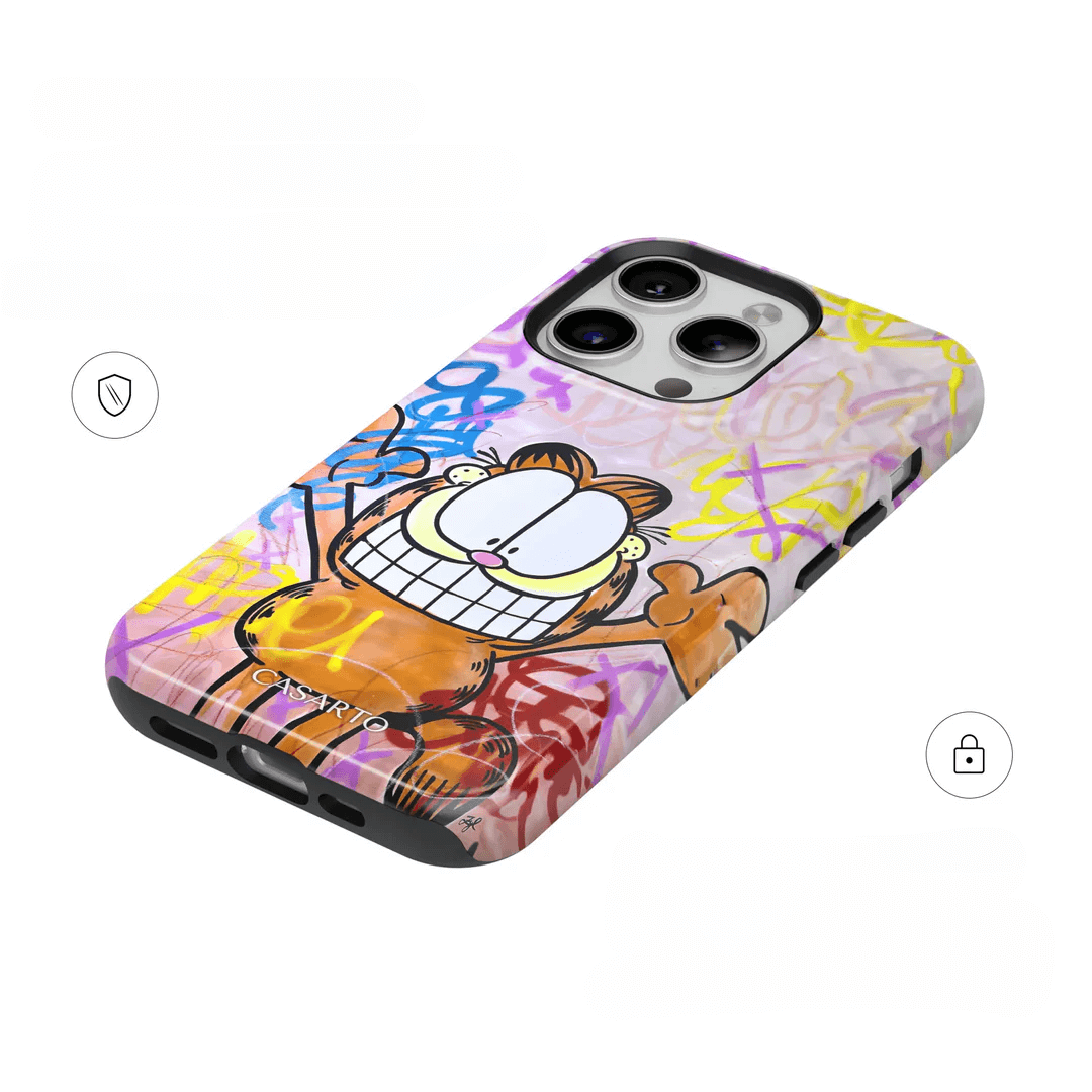 Casarto's iPhone 17 Pro Handyhülle Happy Day: eine farbenfrohe Hülle in limitierter Auflage mit einer Cartoon-Katze im Graffiti-Stil und abstrakten Kritzeleien auf hellem Hintergrund. MagSafe-kompatibel für Ihr iPhone 17.