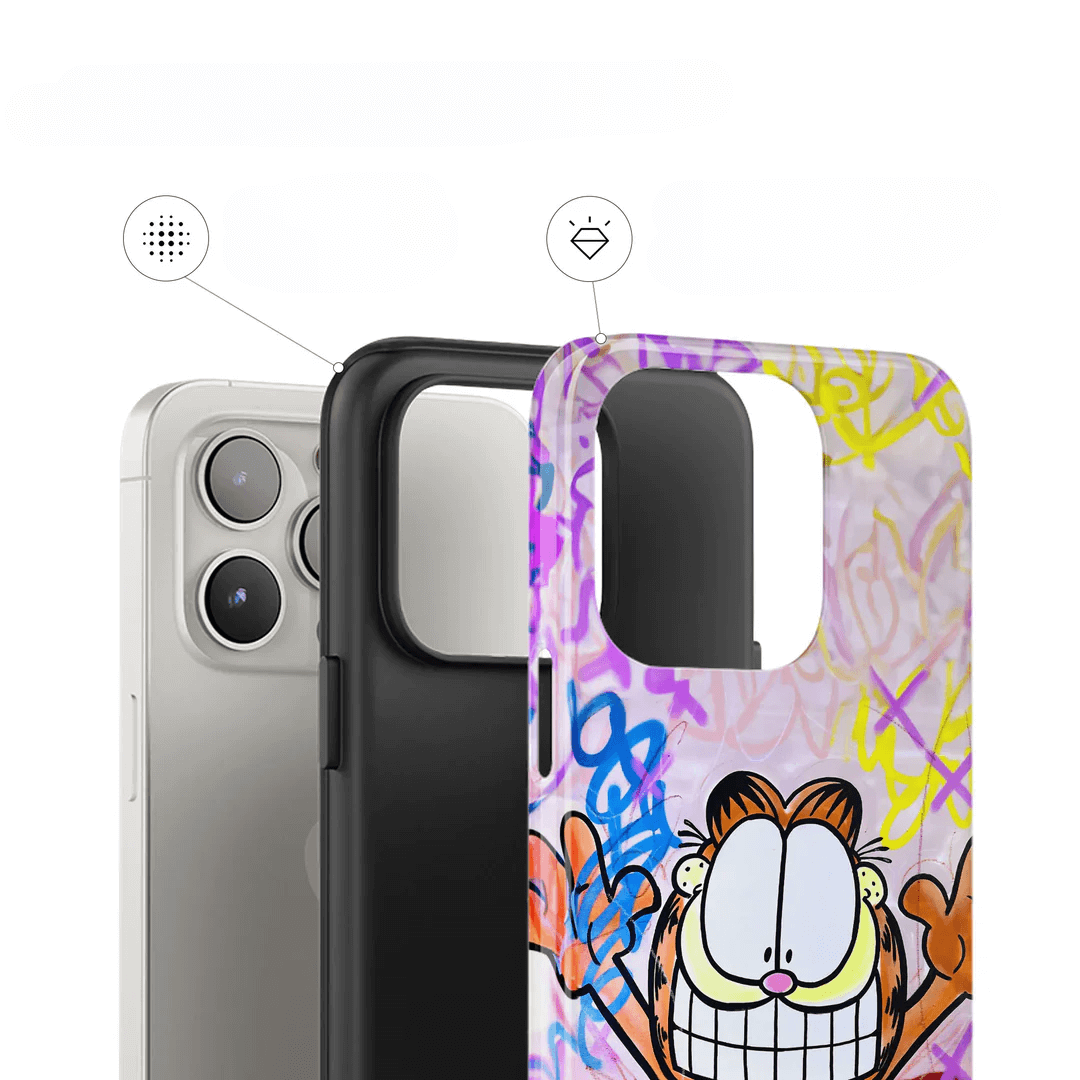 Drei Casarto iPhone 17 Pro Hüllen, darunter die Limited Art Edition mit einem Garfield-Design im Graffiti-Stil, sind mit einem iPhone im Hintergrund abgebildet. Alle sind MagSafe-kompatibel - perfekt als Ihre nächste Casarto Handyhülle Happy Day!.