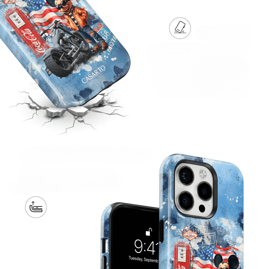 Die Casarto Handyhülle "Ride the dream" für iPhone 17 Pro von Cover-Discount: Limited Edition mit US-Flagge, Adler, Motorrad & Vintage-Motiven, MagSafe-kompatibel - stilvoller Schutz für Ihr Gerät.