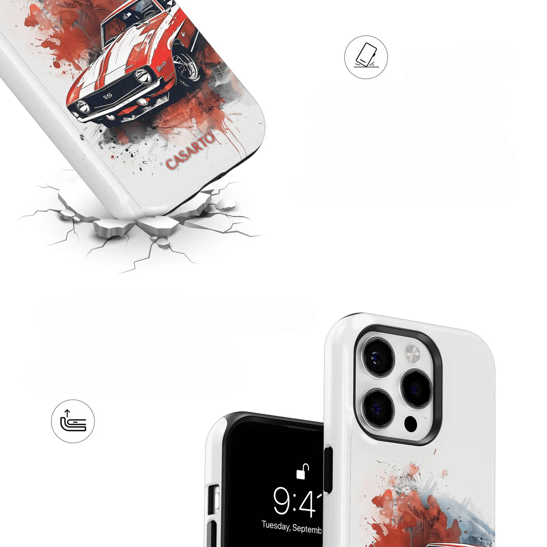 Die Casarto iPhone 17 Pro Max Handyhülle Camaro verfügt über ein rotes Oldtimer-Design, schützt Ihr Telefon vor Stößen, zeigt die Kameraseite an und ist MagSafe kompatibel für bequemes Aufladen und einen sicheren Halt.