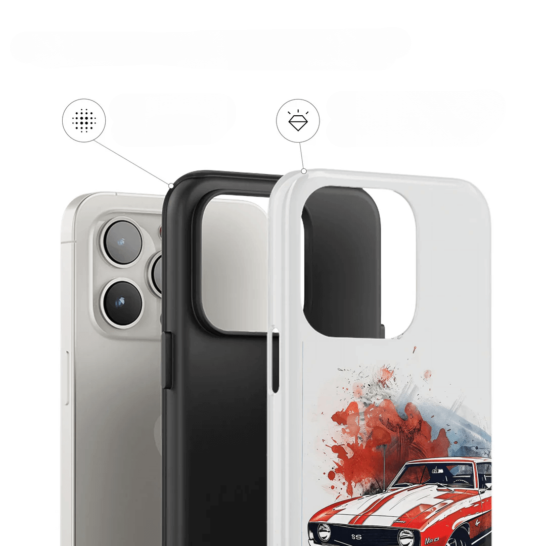 Die Casarto Handyhülle Camaro für iPhone 17 Pro Max ist in den Farben klar, schwarz und weiß mit einem roten Autodesign gehalten und ist MagSafe kompatibel.