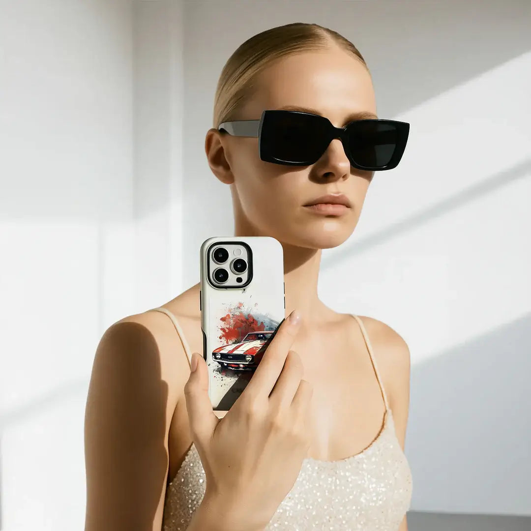 Eine Frau mit Sonnenbrille hält ein iPhone 17 Pro Max mit der Casarto Handyhülle Camaro und zeigt das MagSafe-kompatible Design, während sie ein glitzerndes Tanktop trägt.