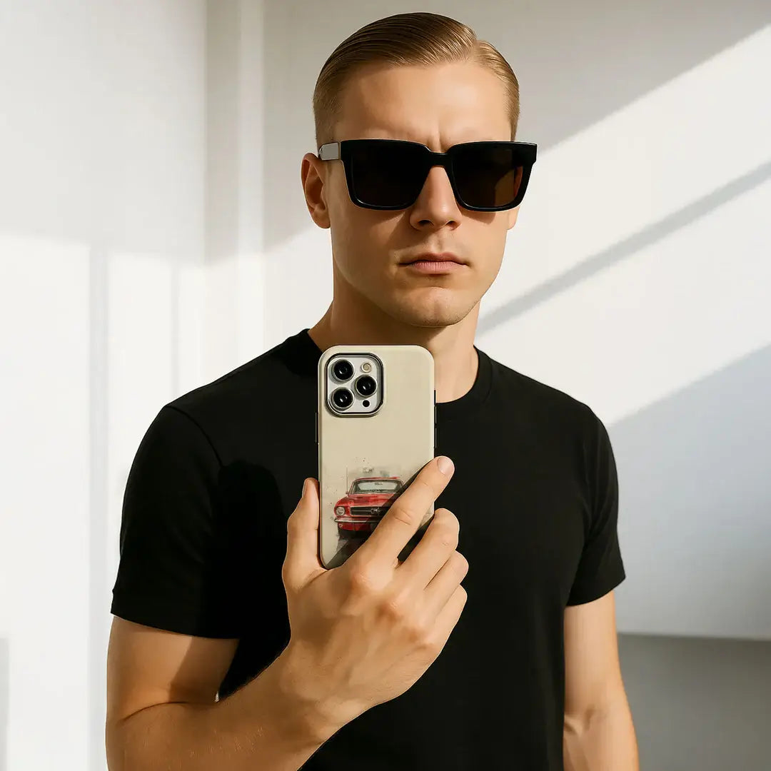 Mann in schwarzem T-Shirt und Sonnenbrille, der ein Telefon mit der Casarto Galaxy S25 Ultra Handyhülle Mustang in der Hand hält, in einem Innenraum stehend.