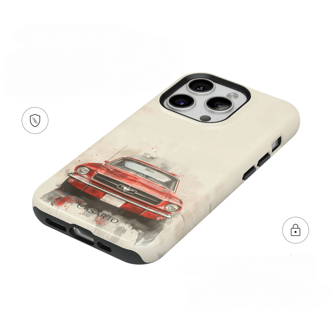 Limitierte Casarto Handyhülle für das Galaxy S25 Ultra im roten Mustang-Design mit Aussparungen für Kamera und Anschlüsse. MagSafe kompatibel für nahtloses Aufladen.