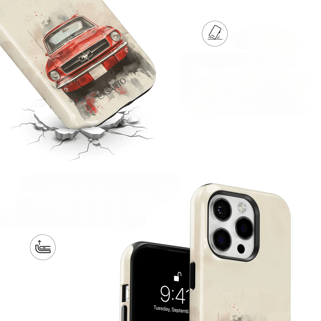 Galaxy S25 Ultra - Casarto Handyhülle Mustang zeigt ein rotes Oldtimer-Design, dargestellt von der Vorder- und Rückseite. Diese limitierte Auflage der Casarto Handyhülle Mustang ist MagSafe-kompatibel und bietet stilvollen, langlebigen Schutz, auf den Sie sich verlassen können.
