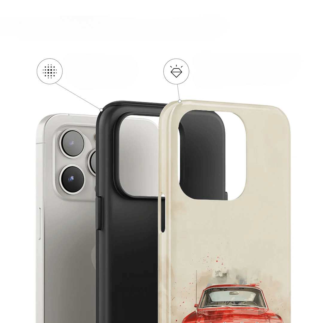 Drei Galaxy S25 Ultra-Hüllen von Casarto - einfarbig schwarz, einfarbig beige und die Limited Edition Mustang in beige mit roter Autografik - sind aufrecht abgebildet. Alle Optionen sind MagSafe-kompatibel und perfekt für Ihr Galaxy S25 Ultra.