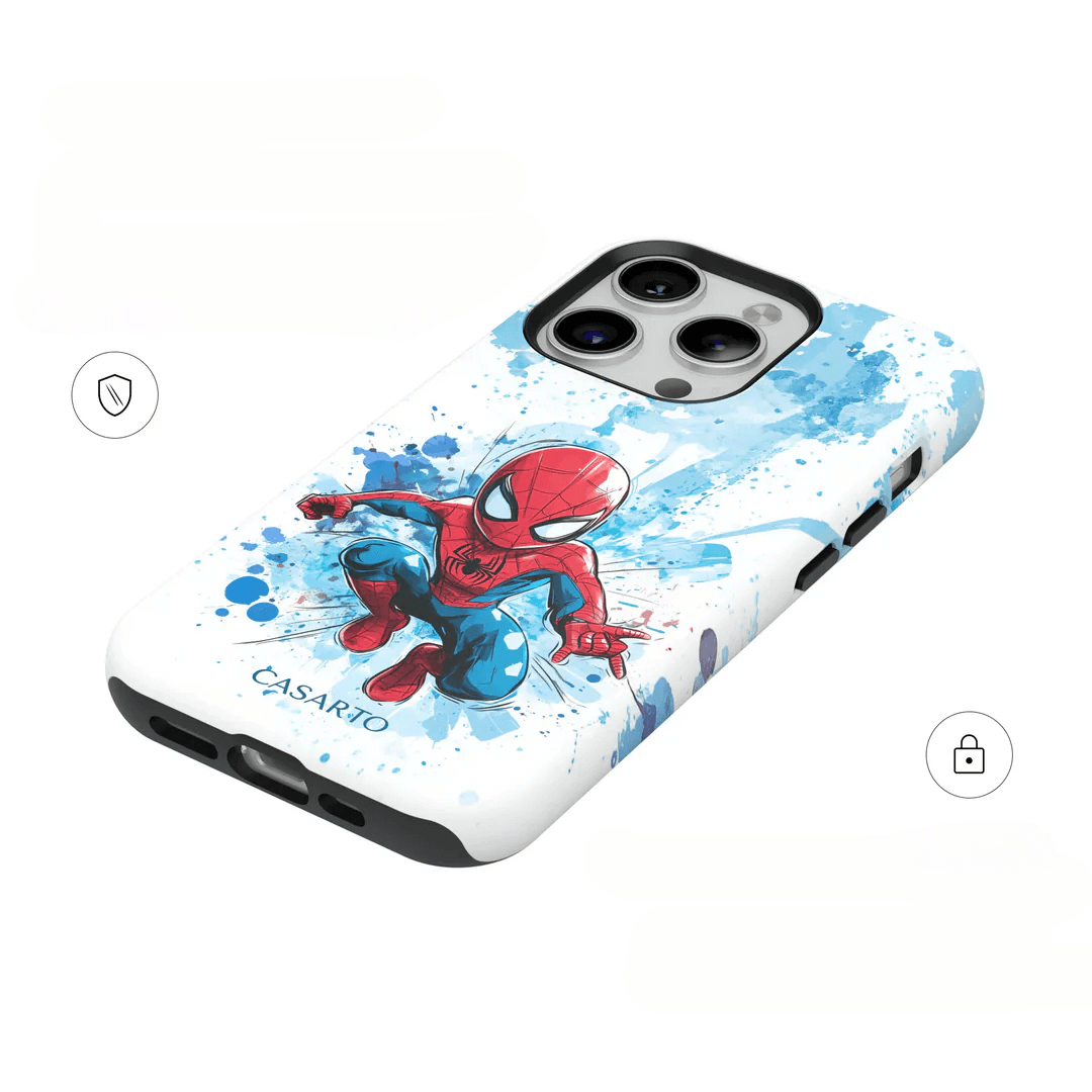 Casarto Galaxy S25 Ultra Handyhülle Spider-Man: Bunte Spider-Man Illustration mit Splatter-Design, schräg auf weißem Hintergrund präsentiert. MagSafe kompatibel für bequeme Nutzung.