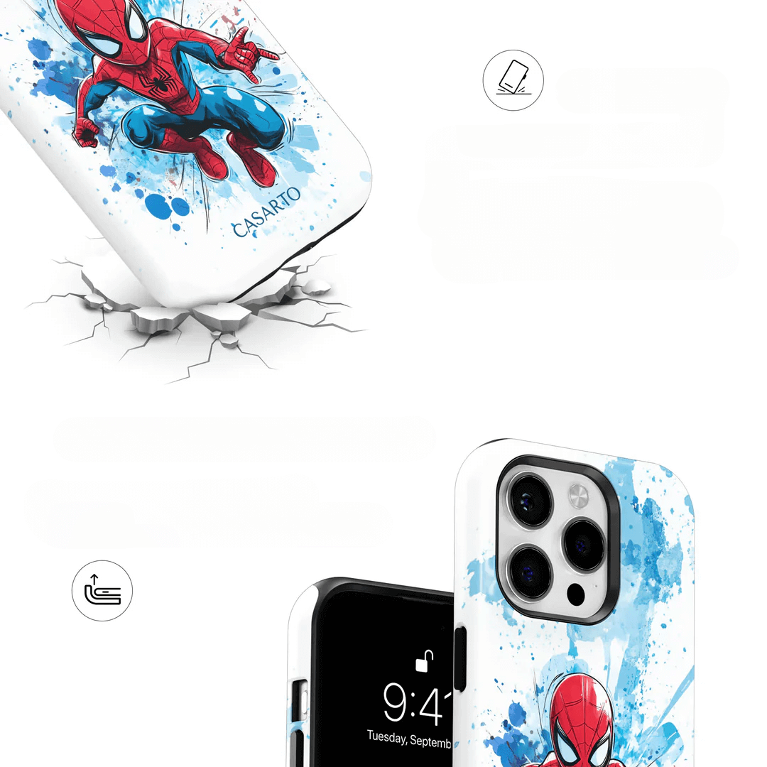 Die Casarto Galaxy S25 Ultra Handyhülle Spider-Man kombiniert Haltbarkeit, Kameraschutz und MagSafe-Kompatibilität für Ihr Galaxy S25. Mit einem stilvollen weißen Design bietet sie zuverlässigen Schutz und ein auffälliges Aussehen von Casarto.