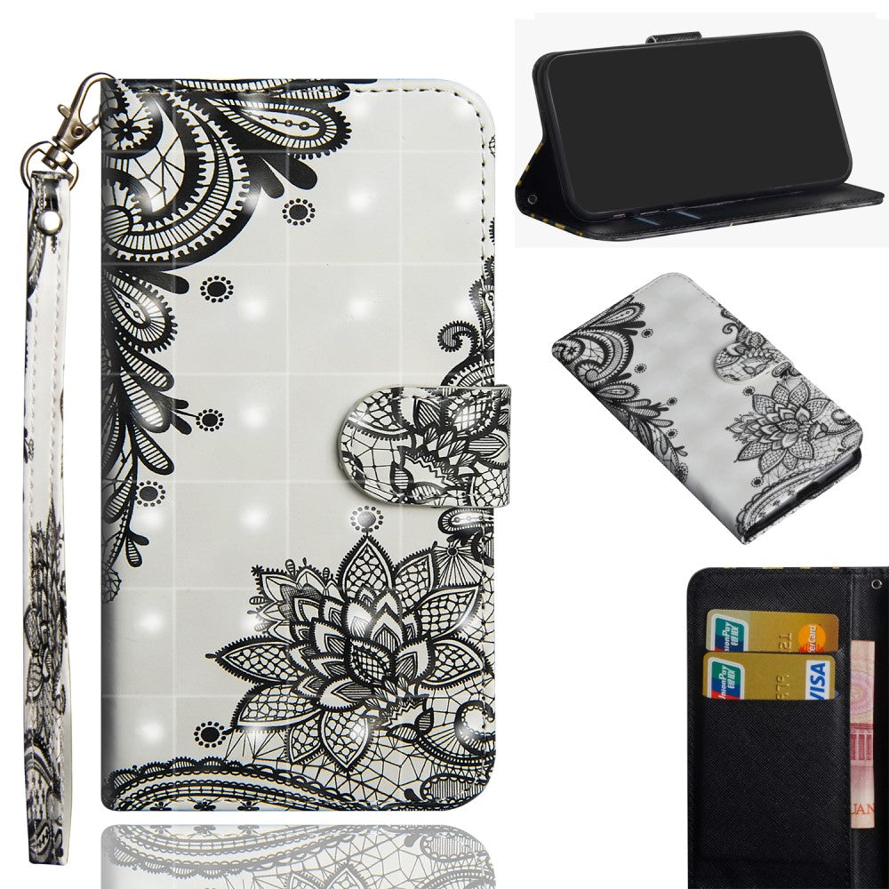 iPhone XR - Etui Ledertasche Blumen Glitzer Effekt schwarz