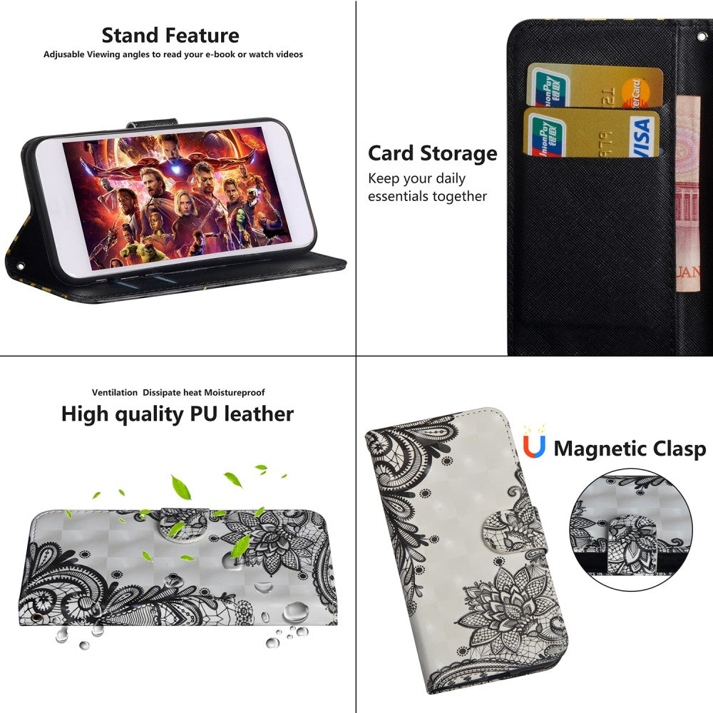 iPhone XR - Etui Ledertasche Blumen Glitzer Effekt schwarz