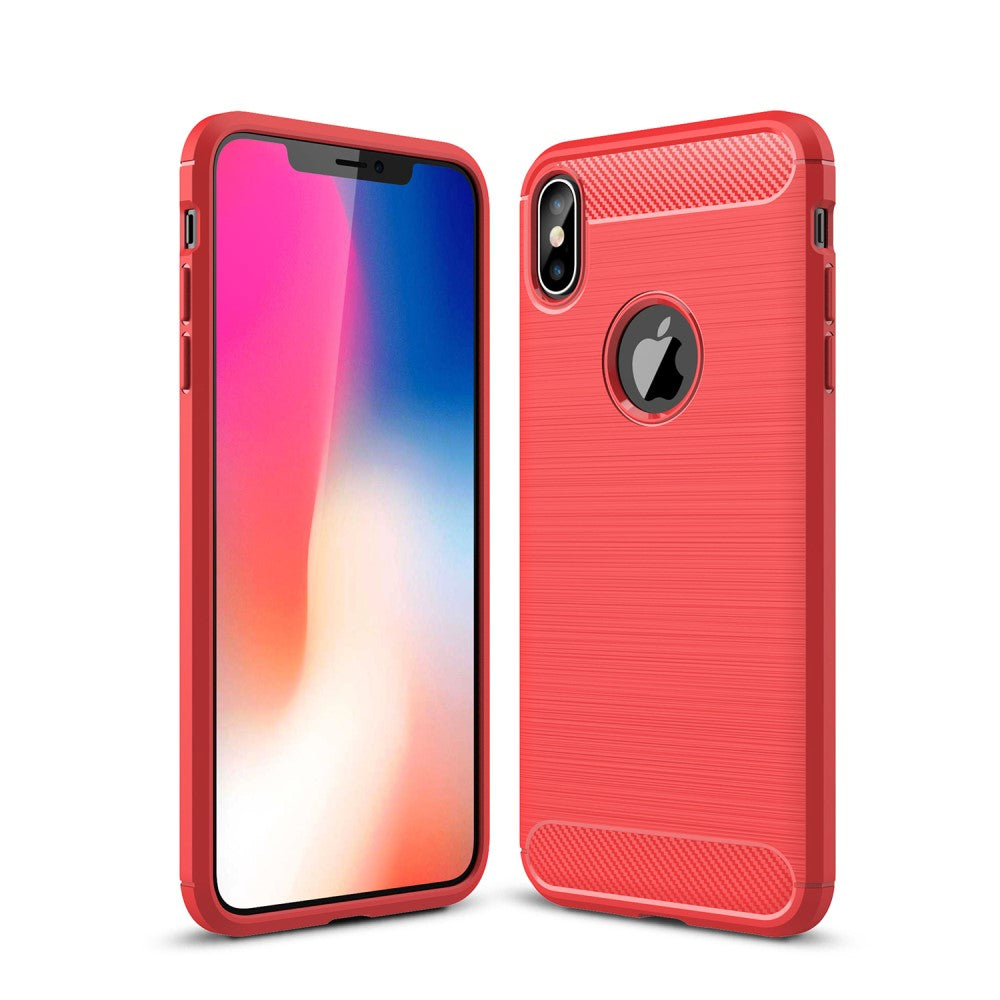 iPhone XS Max - Silikon Gummi Case Metall Carbon Look rot