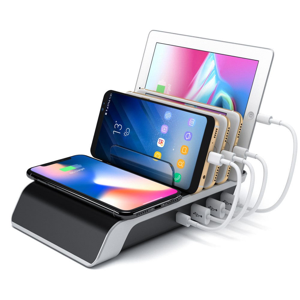 Ladestation mit 4 Anschlüssen 1 QI Wireless Charging Pad