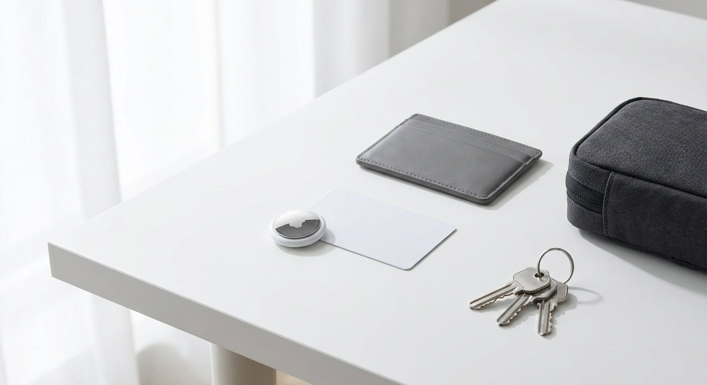 An AirTag and a card-shaped Bluetooth tracker placed side by side next to a wallet, keys, and a small travel bag on a clean white surface.