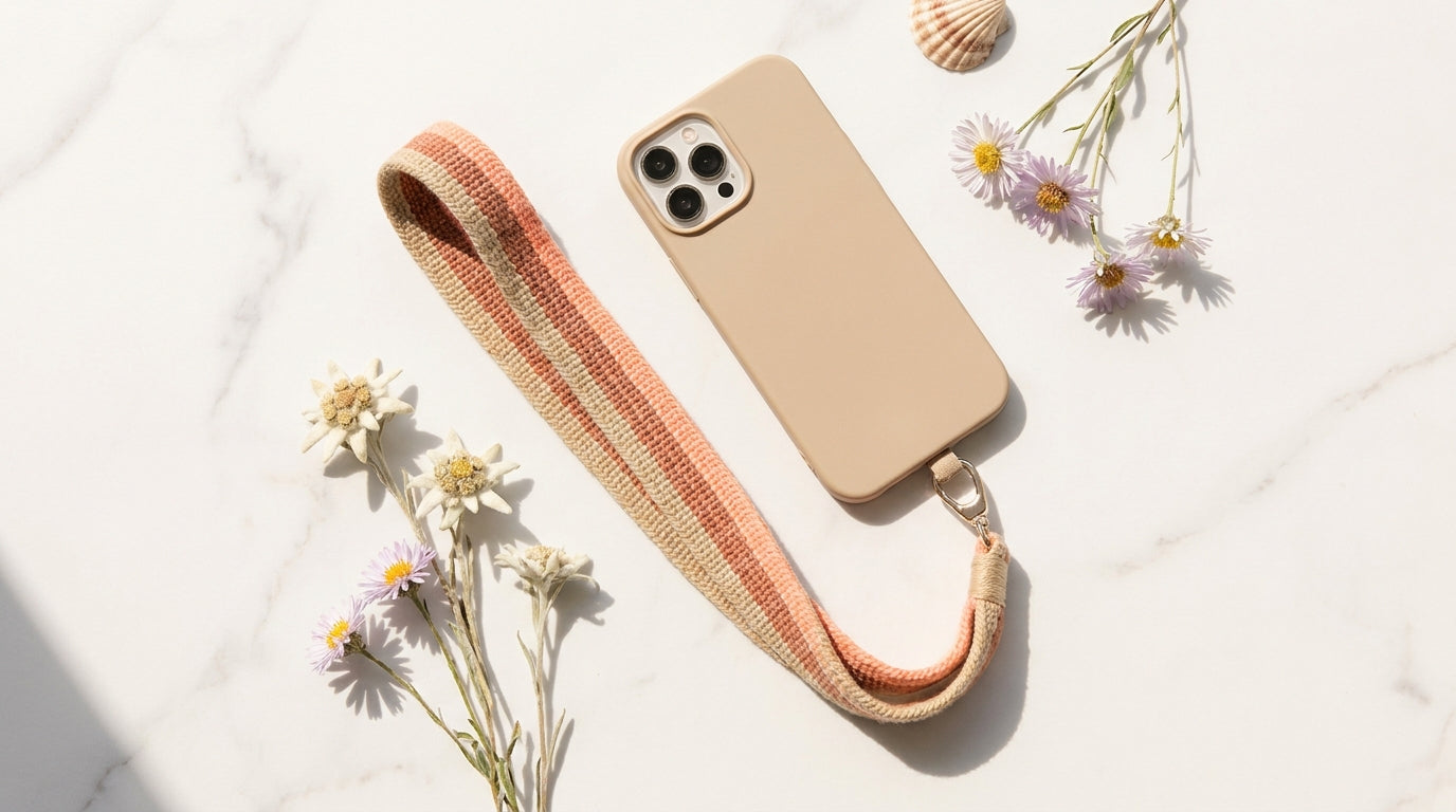 A stylish flat lay of a smartphone with a woven phone strap in warm summer colors on a white marble surface, accented by dried flowers and a seashell in natural light.