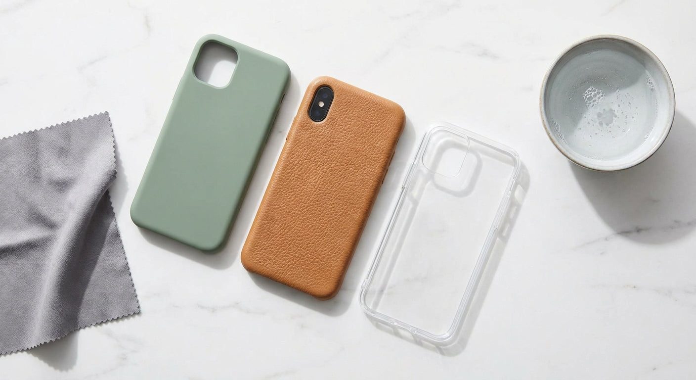 Three smartphone cases in silicone, leather, and transparent materials laid out on a white marble surface next to a microfiber cloth and a small bowl of soapy water, suggesting careful cleaning and maintenance.