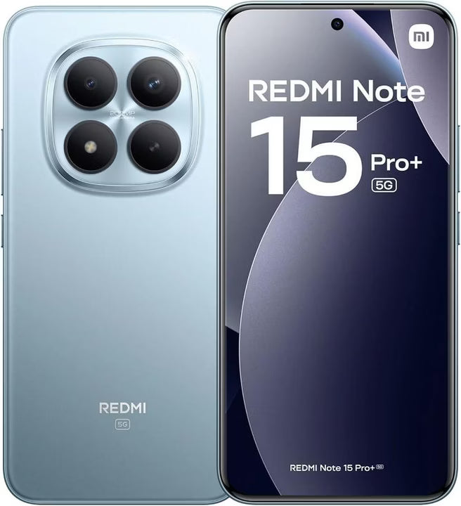 Vorder- und Rückansicht eines silbernen Redmi Note 15 Pro+ 5G-Smartphones, das die Kamera und den Bildschirm zeigt.