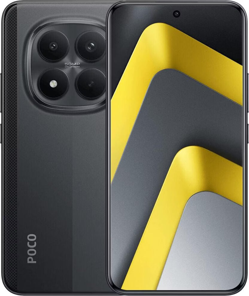 Ein schwarzes Poco-Smartphone mit drei rückseitigen Kameras und einem Display mit geometrischen gelben und grauen Formen.