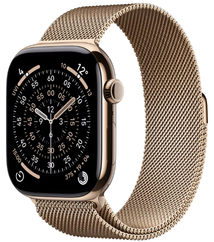 Goldfarbene Smartwatch mit Mesh-Band, die ein analoges Digitalzifferblatt mit mehreren Ziffernblättern zeigt.