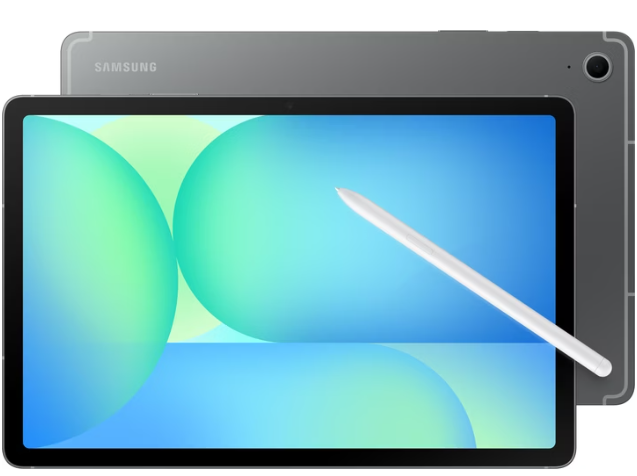 Ein Samsung-Tablet mit einem digitalen Stift, das einen bunten Bildschirm und die Rückseite des Tablets zeigt.