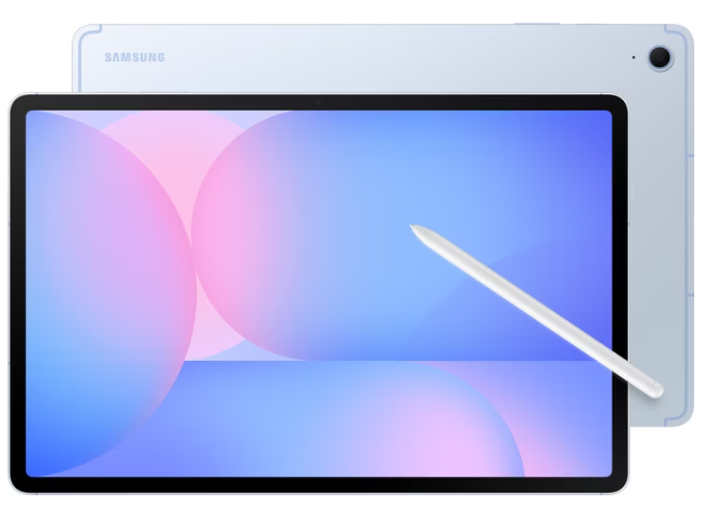 Ein Samsung-Tablet mit einem Eingabestift, das einen farbenfrohen, pastellfarbenen Bildschirm und die Rückseite des Geräts zeigt.