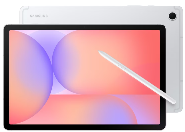Samsung-Tablet mit Stylus-Stift, das einen bunten abstrakten Bildschirm zeigt, wobei die Rückseite des Tablets sichtbar ist.