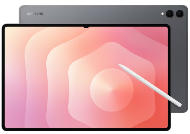 Samsung-Tablet mit Eingabestift, das einen rosa und orangefarbenen Bildschirm mit Farbverlauf zeigt; die Rückseite hat zwei Kameras.
