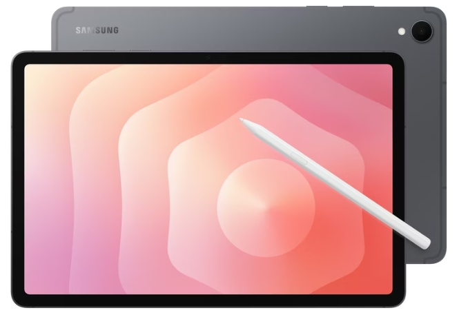 Ein Samsung-Tablet mit einem Stylus-Stift, dargestellt von vorne und hinten vor einem weißen Hintergrund.