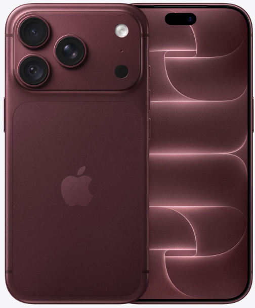 Ein burgunderrotes iPhone mit drei Kameras auf der Rückseite, dem Apple-Logo und einem passenden Sperrbildschirm mit abstrakten, geschwungenen rosa Linien.
