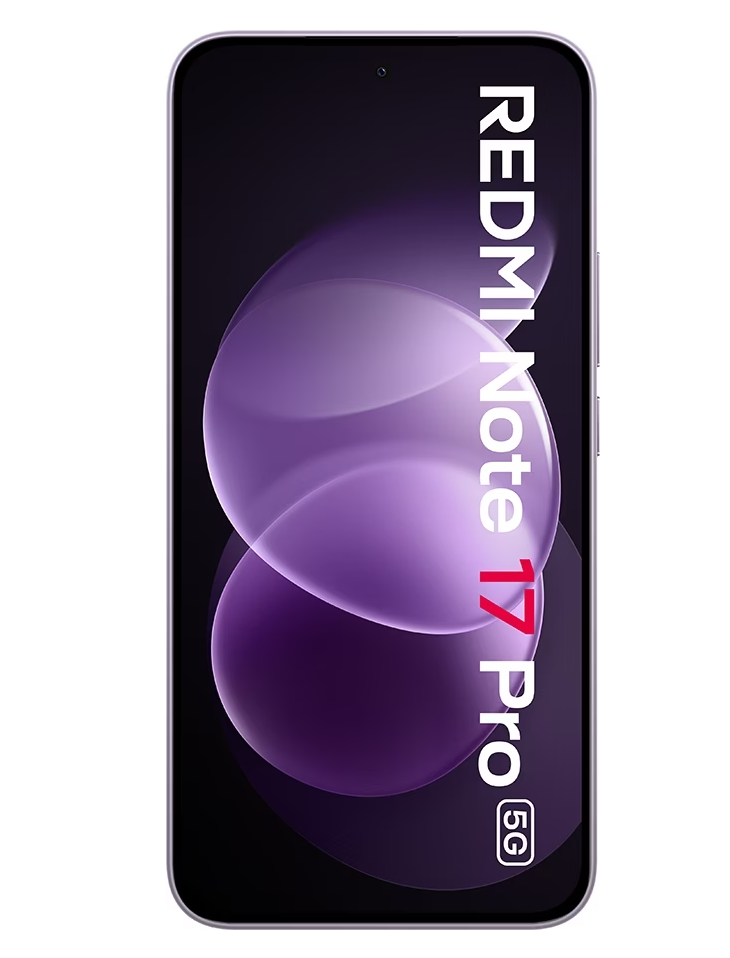 Das Redmi Note 17 Pro 5G-Smartphone mit einem violetten, abstrakten Bildschirmhintergrund.