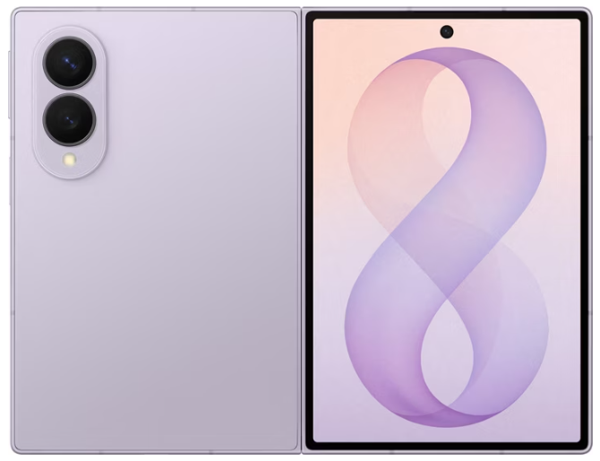 Ein faltbares Smartphone, teilweise aufgeklappt, mit einer violetten Rückseite mit drei Kameras und einem Frontdisplay, das ein Design in Form der Zahl 8 mit einem Farbverlauf aus Rosa und Violett aufweist.
