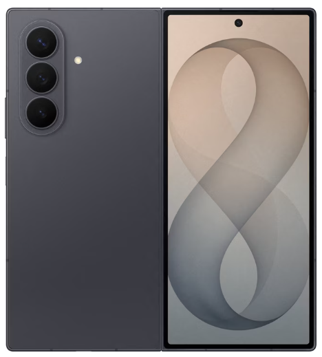 Ein faltbares Smartphone, teilweise aufgeklappt, mit einer violetten Rückseite mit drei Kameras und einem Frontdisplay, das ein Design in Form der Zahl 8 mit einem Farbverlauf aus Rosa und Violett aufweist.