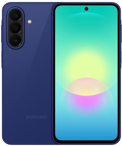 Ein schwarzes Samsung-Smartphone mit drei Kameras auf der Rückseite, gezeigt von hinten und von vorne. Das Display auf der Vorderseite ist eingeschaltet und zeigt ein farbenfrohes, abstraktes Hintergrundbild mit Farbverlauf.