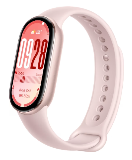 Eine rosafarbene Fitness-Tracker-Smartwatch, die auf ihrem Display Uhrzeit, Datum, Wetter, Schritte und Batteriestand anzeigt.