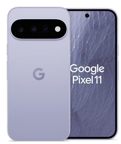 Ein Google Pixel 11-Smartphone in der Farbe „Lavendel“, das auf der Vorderseite den Bildschirm mit der Aufschrift „Google Pixel 11“ und auf der Rückseite eine horizontale Kameraleiste sowie das Google-Logo zeigt.