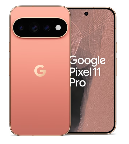 Zu sehen ist ein pinkfarbenes Google Pixel 11-Smartphone, auf dessen Bildschirm „Google Pixel 11“ angezeigt wird und auf dessen Rückseite die Kameraleiste sowie das Google G-Logo zu erkennen sind.