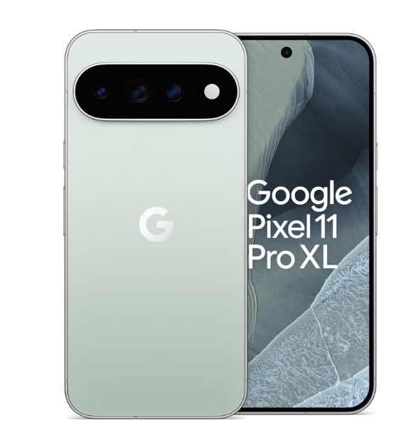 Ein Google Pixel 11 Pro XL-Smartphone in Hellgrün, das die Rückseite mit den drei Kameras und den Bildschirm auf der Vorderseite zeigt, auf dem der Name des Smartphones vor einem grauen, abstrakten Hintergrund zu sehen ist.