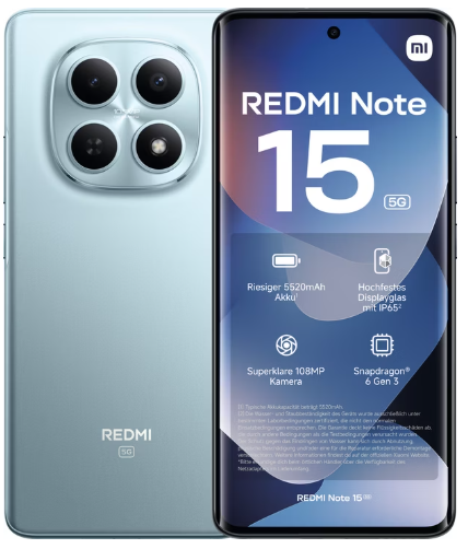 Vorder- und Rückansicht eines silbernen Redmi Note 15 5G-Smartphones mit Anzeige der wichtigsten Funktionen auf dem Bildschirm.