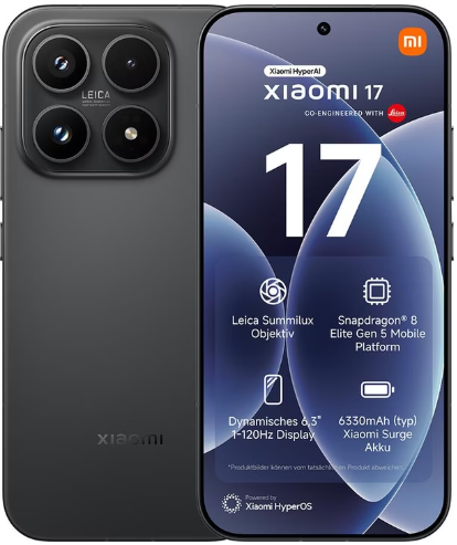 Vorder- und Rückansicht eines schwarzen Xiaomi 17 Smartphones mit dreifacher Kamera auf der Rückseite und Funktionen auf dem Display.
