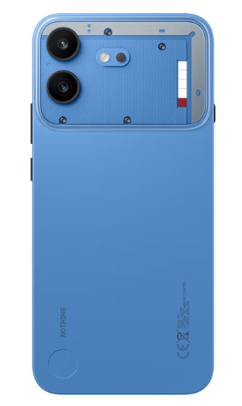 Ein blaues Smartphone mit einer Dual-Kamera und einer einzigartigen halbtransparenten Blende, durch die einige interne Komponenten zu sehen sind. Das Design zeichnet sich durch sichtbare Schrauben und ein Muster im oberen Bereich aus.