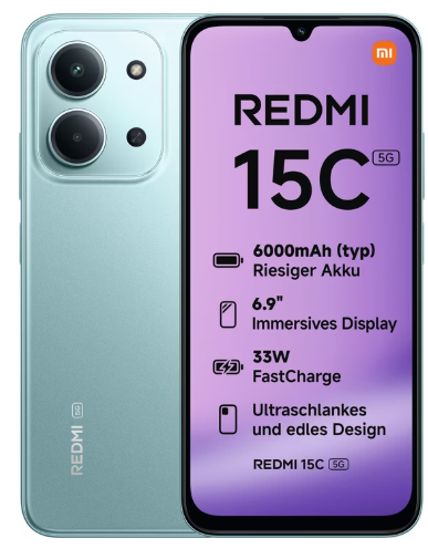 Vorder- und Rückansicht eines blauen Redmi 15C 5G Telefons mit hervorgehobenen Funktionen auf dem Display.