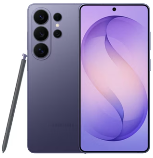 Lila Smartphone mit drei rückwärtigen Kameras, Stylus auf der linken Seite und einem lila abstrakten Design auf dem Bildschirm.