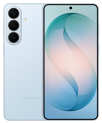 Ein weißes Samsung-Smartphone mit dreifacher Kamera auf der Rückseite und einem Display auf der Vorderseite mit einem blauen abstrakten Hintergrundbild.